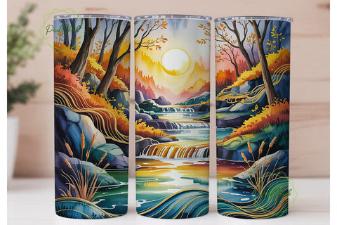 Autumn Waterfall Landscape Tumbler Wrap Sublimation PixelChick 