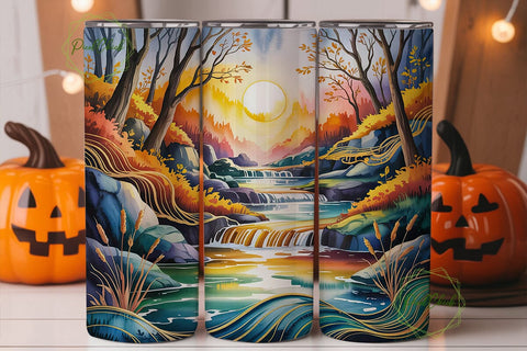 Autumn Waterfall Landscape Tumbler Wrap Sublimation PixelChick 