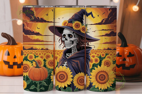 Autumn Witch Skull Sunflower Tumbler Sublimation PixelChick 