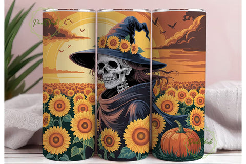 Autumn Witch Skull Sunflower Tumbler Sublimation PixelChick 