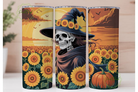 Autumn Witch Skull Sunflower Tumbler Sublimation PixelChick 