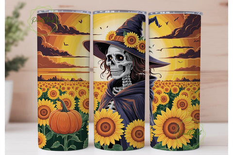 Autumn Witch Skull Sunflower Tumbler Sublimation PixelChick 