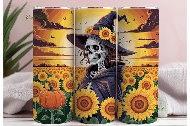 Autumn Witch Skull Sunflower Tumbler Sublimation PixelChick 