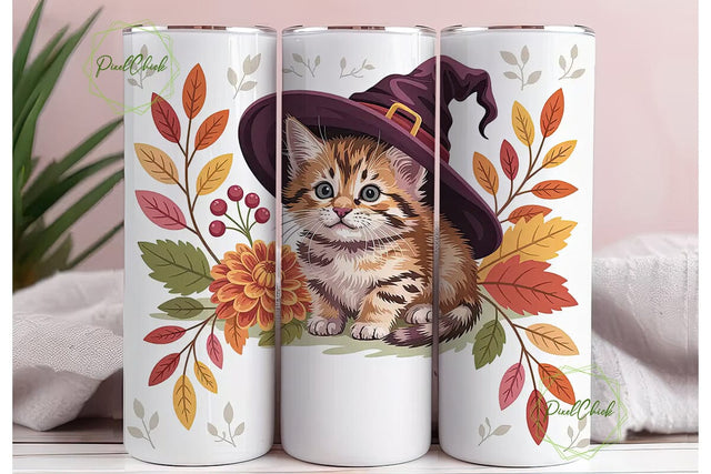 Autumn Witchy Kitten 20oz Tumbler Wrap Sublimation PixelChick 