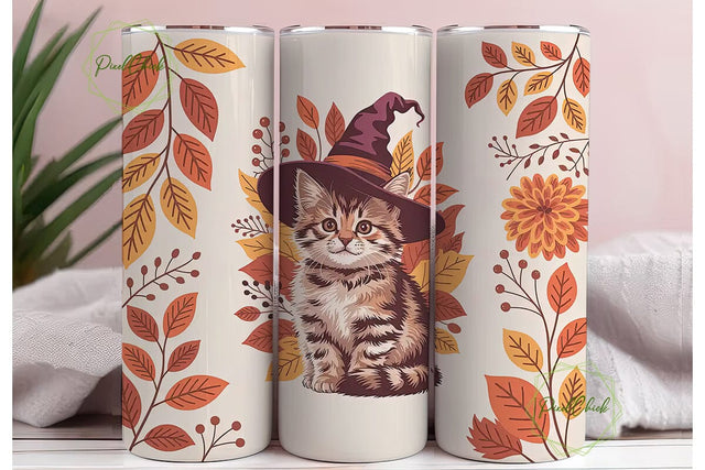 Autumn Witchy Kitten 20oz Tumbler Wrap Sublimation PixelChick 