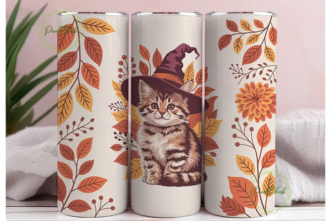 Autumn Witchy Kitten 20oz Tumbler Wrap Sublimation PixelChick 