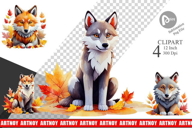 Autumn Wolf Watercolor Clipart Sublimation artnoy 