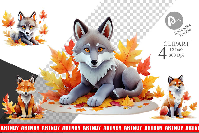 Autumn Wolf Watercolor Clipart Sublimation artnoy 