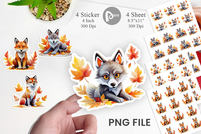 Autumn Wolf Watercolor Sticker Sublimation artnoy 