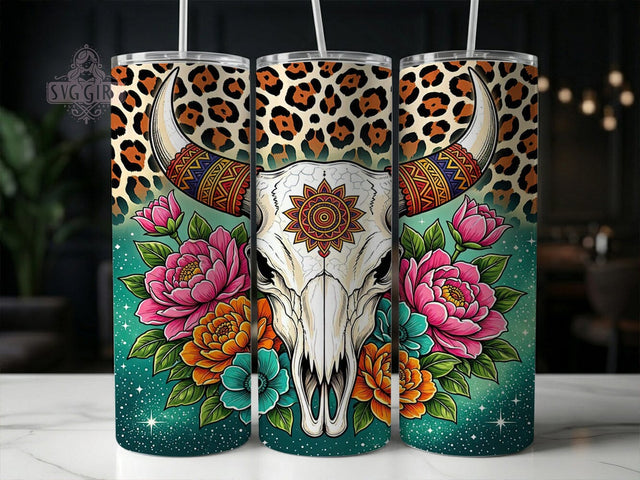 Aztec Bull Skull 20oz Tumbler, Aztec bull skull, Western tumbler wrap, 20oz skinny tumbler, Bull skull design, Sublimation tumbler wrap, Aztec print pattern, Tribal skull design Sublimation SvggirlplusArt 