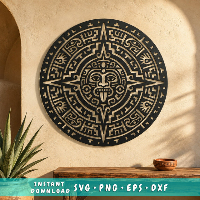 Aztec Calendar Laser SVG | Aztec Sun Stone DXF | Aztec Metal Wall Art | Tribal CNC Cut File | Plasma Cutting Design | Mexican Decor Svg SVG HappyDesignStudio 