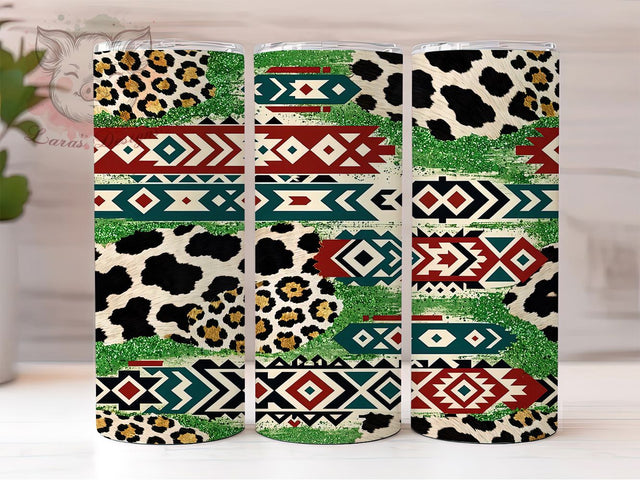 Aztec Cowhide Glitter 20oz Tumbler, Tribal Hide, Shimmering Spots, Rustic Glam, Geometric Print, Metallic Texture, Wild West Chic, Sublimation Wrap Sublimation Lara' s Designs 