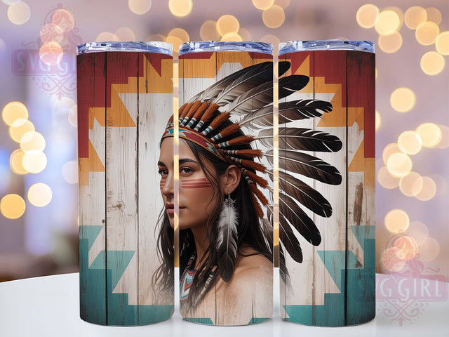 Aztec Feather Tribal Boho Tumbler, Native Inspired Drinkware, 20Oz Tumbler Sublimation, Feather Design Tumbler, Tribal Pattern Wrap, Western Boho Gift, Rustic Wood Tumbler Design Sublimation SvggirlplusArt 