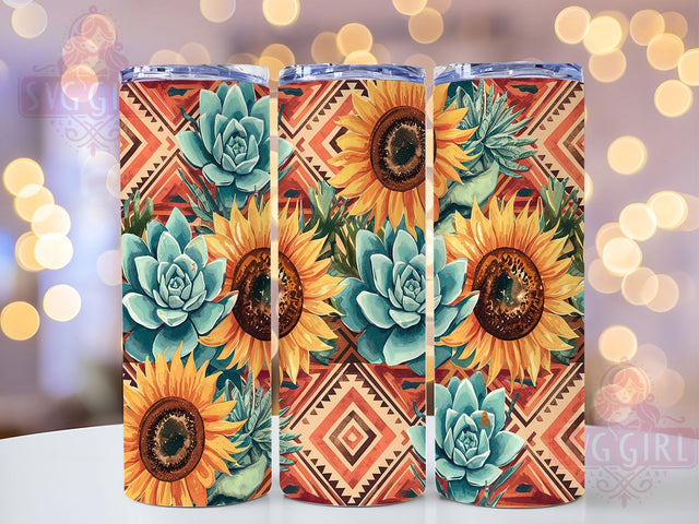 Aztec Sunflower Boho Cactus Tumbler, Aztec Tumbler, Boho Cactus Cup, Succulent Tumbler, 20oz Tumbler Wrap, Western Sublimation, Floral Southwest Tumbler Sublimation SvggirlplusArt 