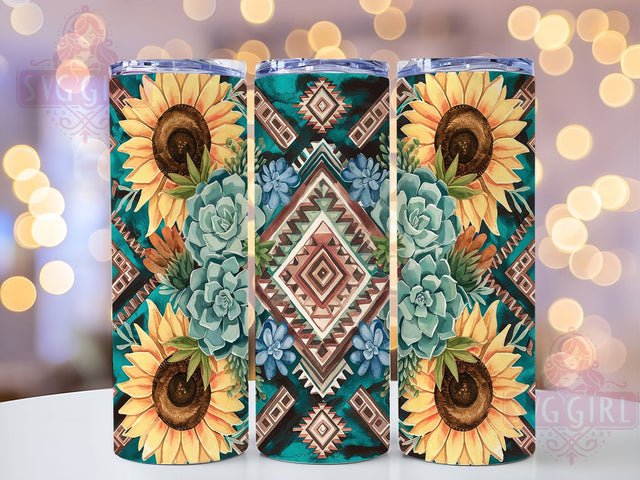 Aztec Sunflower Boho Cactus Tumbler, Aztec Tumbler, Boho Cactus Cup, Succulent Tumbler, 20oz Tumbler Wrap, Western Sublimation, Floral Southwest Tumbler Sublimation SvggirlplusArt 