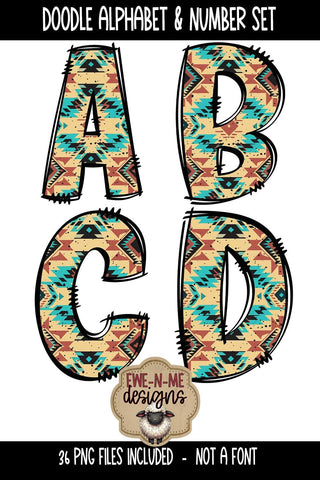 Aztec Western Doodle Alphabet & Numbers | Patterned Letters Sublimation Ewe-N-Me Designs 