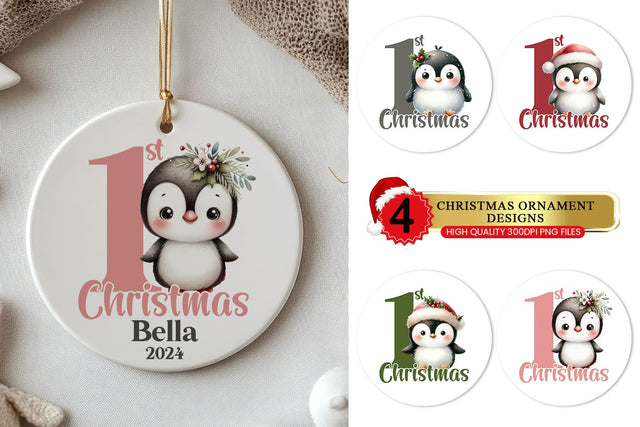 Baby 1st Christmas Penguin Round Ornament Bundle Sublimation BijouBay 
