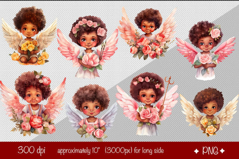 Baby Angel Bundle African American angel Clipart PNG Valentine clipart PNG Illustration Watercolor Sublimation Createya Design 