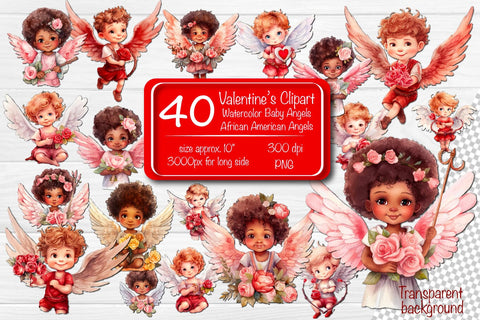 Baby Angel Bundle African American angel Clipart PNG Valentine clipart PNG Illustration Watercolor Sublimation Createya Design 