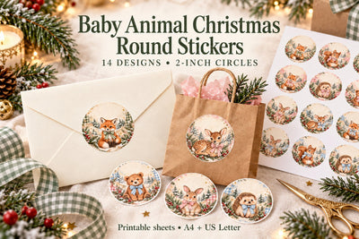 Baby Animal Christmas Round Stickers Sublimation BijouBay 