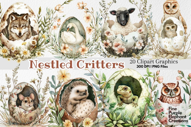 Baby Animals in Eggs PNG Clipart | Spring Easter Sublimation Fine Purple Elephant Creations 