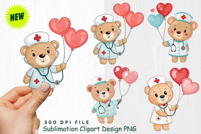 Baby Bear Nurse with Heart Balloons and Stethoscope Clipart Sublimation Regulrcrative 
