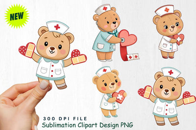 Baby Bear Nurse with Heart Bandages for Valentine's Cure Clipart Sublimation Regulrcrative 
