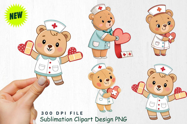 Baby Bear Nurse with Heart Bandages for Valentine's Cure Clipart Sublimation Regulrcrative 