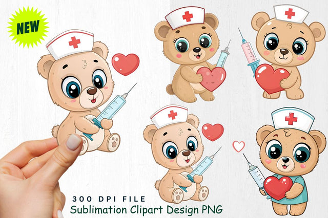 Baby Bear Nurse with Heart Clipart Sublimation Regulrcrative 