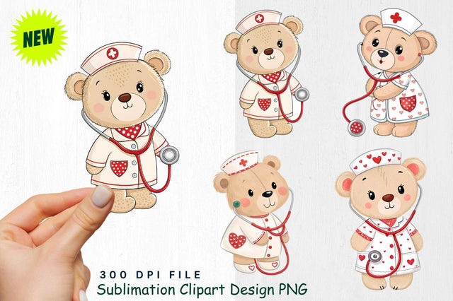 Baby Bear Nurse with Heart Patterned Stethoscope Clipart Sublimation Regulrcrative 