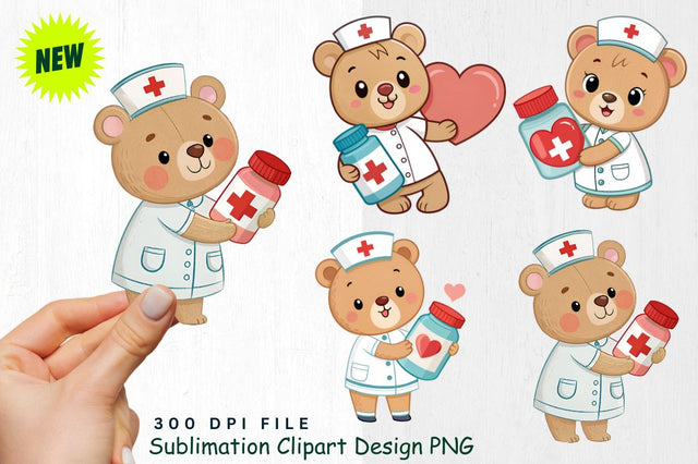 Baby Bear Nurse with Heart Pill Bottle Clipart Sublimation Regulrcrative 