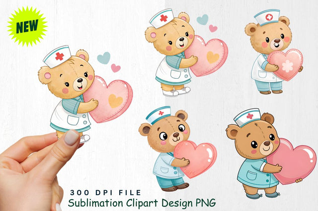 Baby Bear Nurse with Heart Pillow Clipart Sublimation Regulrcrative 