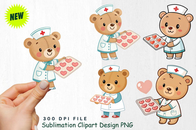Baby Bear Nurse with Heart Shaped Band-Aids Clipart Sublimation Regulrcrative 