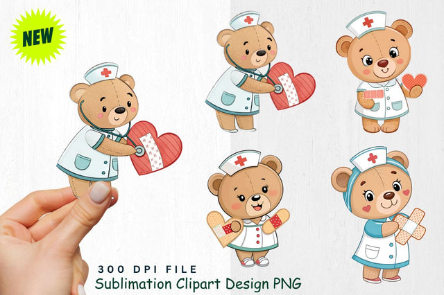 Baby Bear Nurse with Heart Shaped Band Aids Clipart Sublimation Regulrcrative 