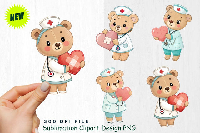 Baby Bear Nurse with Heart Shaped Cotton Balls and Bandages Clipart Sublimation Regulrcrative 