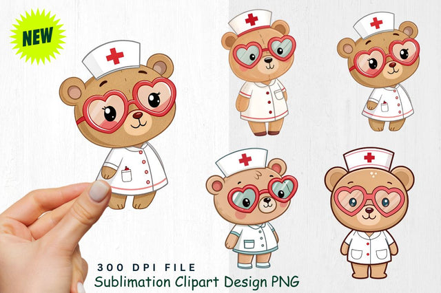 Baby Bear Nurse with Heart Shaped Glasses Clipart Sublimation Regulrcrative 