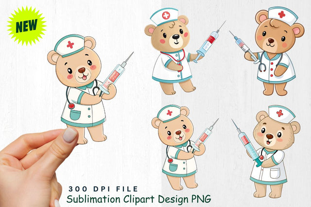 Baby Bear Nurse with Heart-Shaped Syringe and Band Aids Clipart Sublimation Regulrcrative 