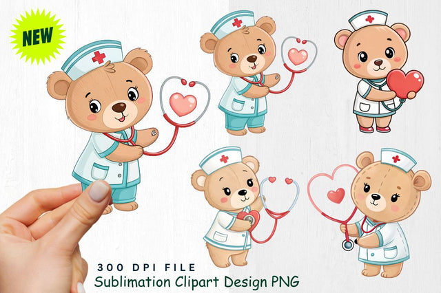 Baby Bear Nurse with Heart Stethoscope Clipart Sublimation Regulrcrative 