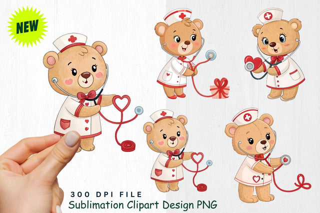 Baby Bear Nurse with Heart Stethoscope Clipart Sublimation Regulrcrative 