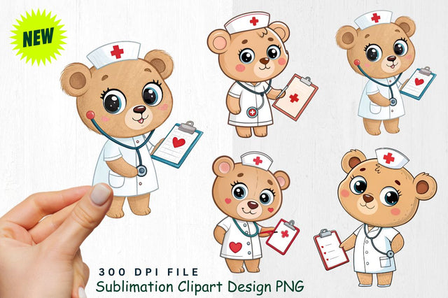 Baby Bear Nurse with Heart Stethoscope Clipart Sublimation Regulrcrative 