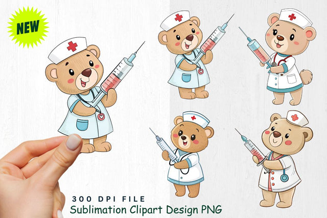 Baby Bear Nurse with Heart Syringe Clipart Sublimation Regulrcrative 