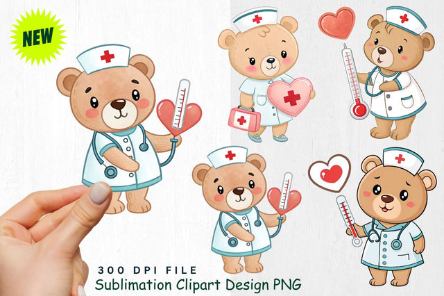 Baby Bear Nurse with Heart Thermometer Clipart Sublimation Regulrcrative 