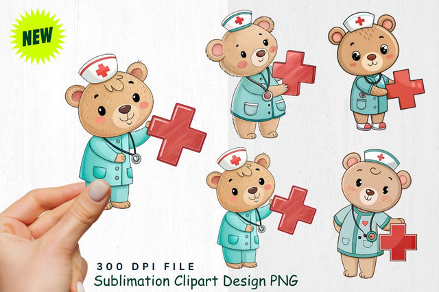 Baby Bear Nurse with Hearts Clipart Sublimation Regulrcrative 