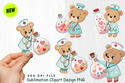 Baby Bear Nurse with Love Potion Bottle Clipart Sublimation Regulrcrative 