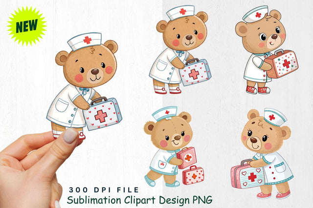 Baby Bear Nurse with Medical Kit Clipart Sublimation Regulrcrative 