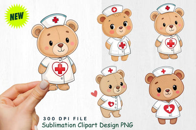 Baby Bear Nurse with Red Cross Heart Clipart Sublimation Regulrcrative 