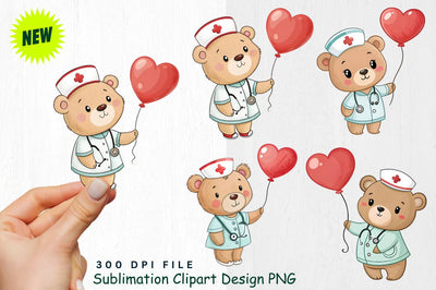 Baby Bear Nurse with Red Heart Balloon Clipart Sublimation Regulrcrative 
