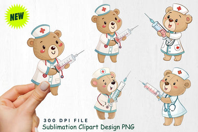 Baby Bear Nurse with Syringe and Heart stream Clipart Sublimation Regulrcrative 