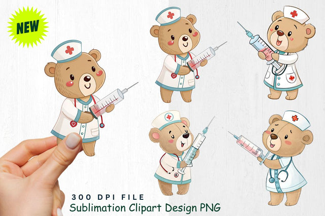Baby Bear Nurse with Syringe and Heart stream Clipart Sublimation Regulrcrative 