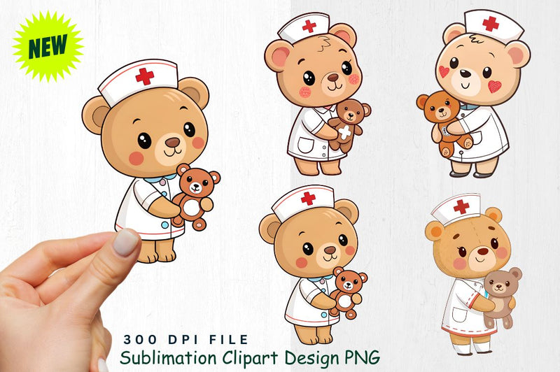 Baby Bear Nurse with Teddy Bear Clipart Sublimation Regulrcrative 